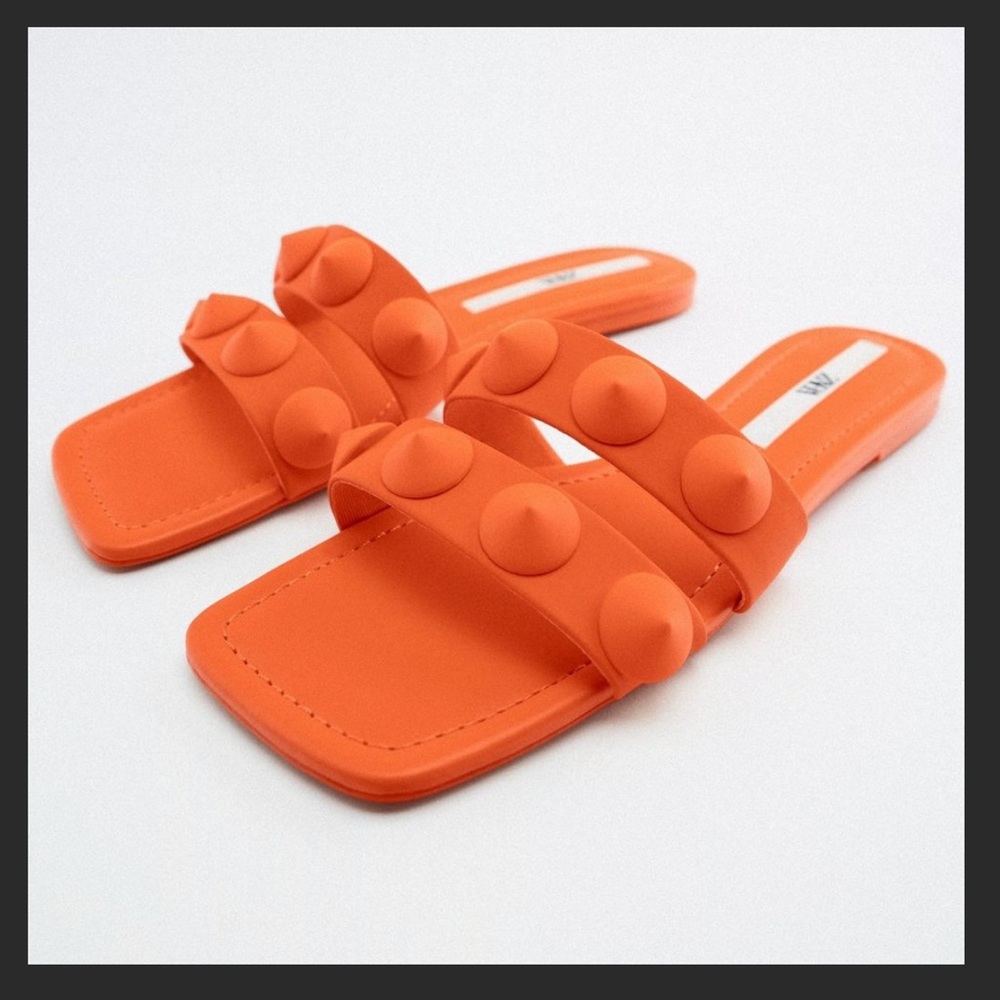 Zara Orange Flat Rubberised Double Straps Studded Sandals Size 6.5